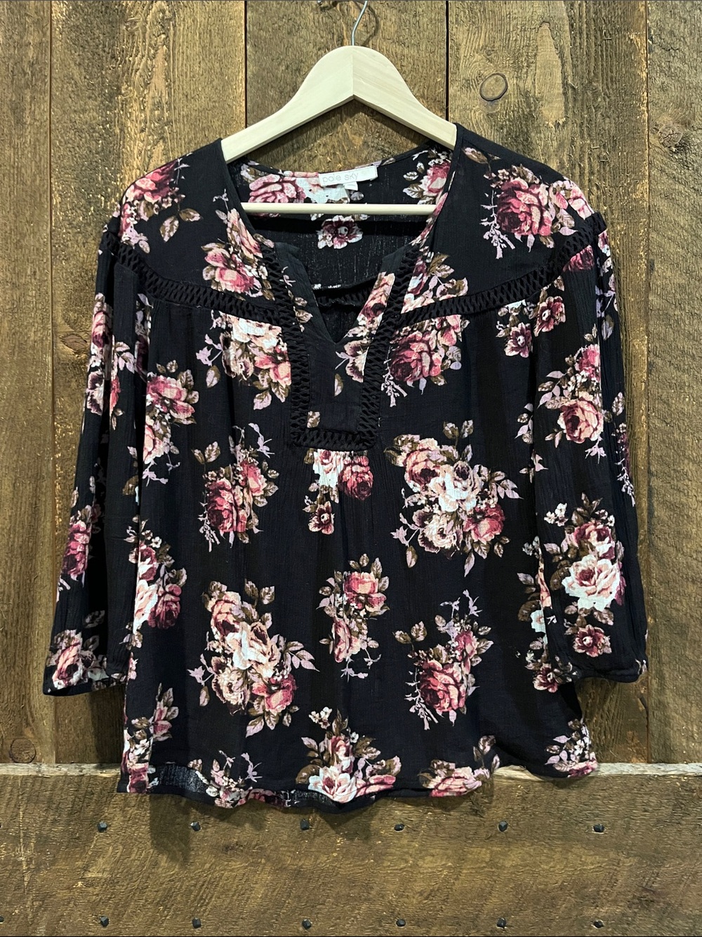 Black Floral Peasant Tunic with Pink Rose Print